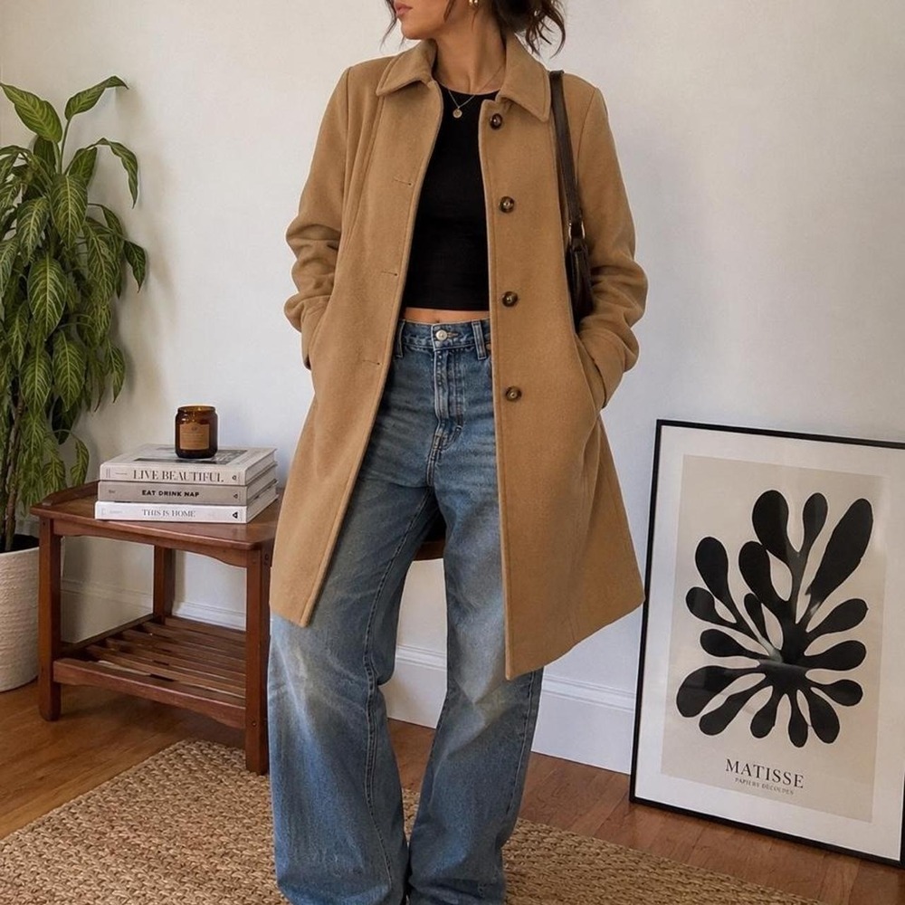 Minimalist Camel Wool Blend Button Front Car Coat London Fog Size L